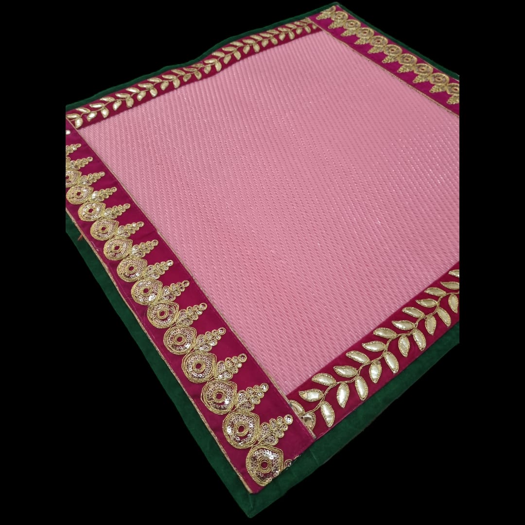 Pink Nylon Handmade Chatai/Mat with Green, Red & Golden sequins work on the Trim/Lace 24x24 (in inch)