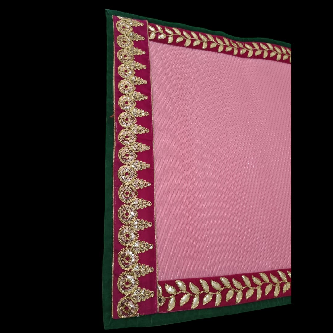 Pink Nylon Handmade Chatai/Mat with Green, Red & Golden sequins work on the Trim/Lace 24x24 (in inch)