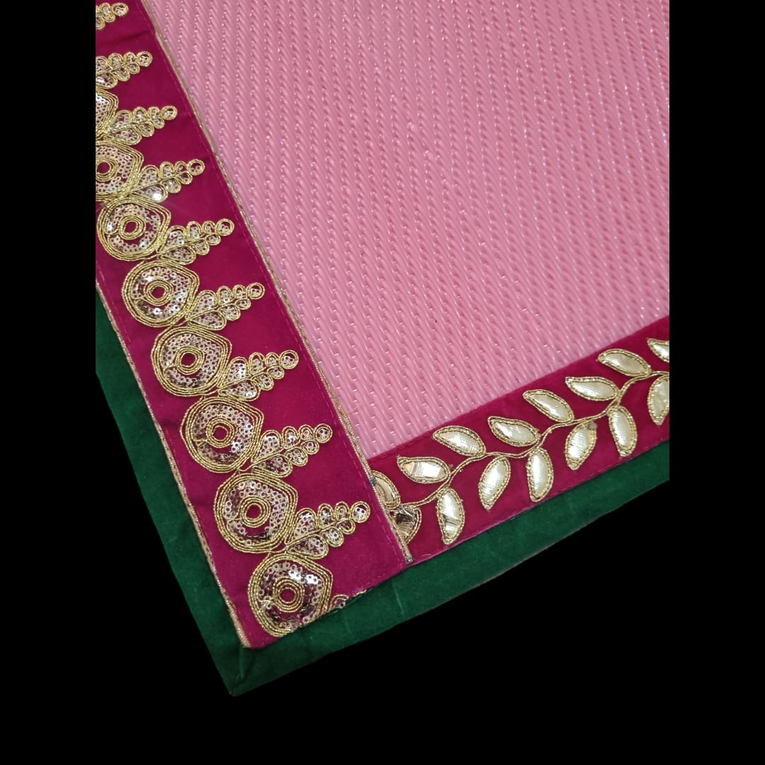 Pink Nylon Handmade Chatai/Mat with Green, Red & Golden sequins work on the Trim/Lace 24x24 (in inch)