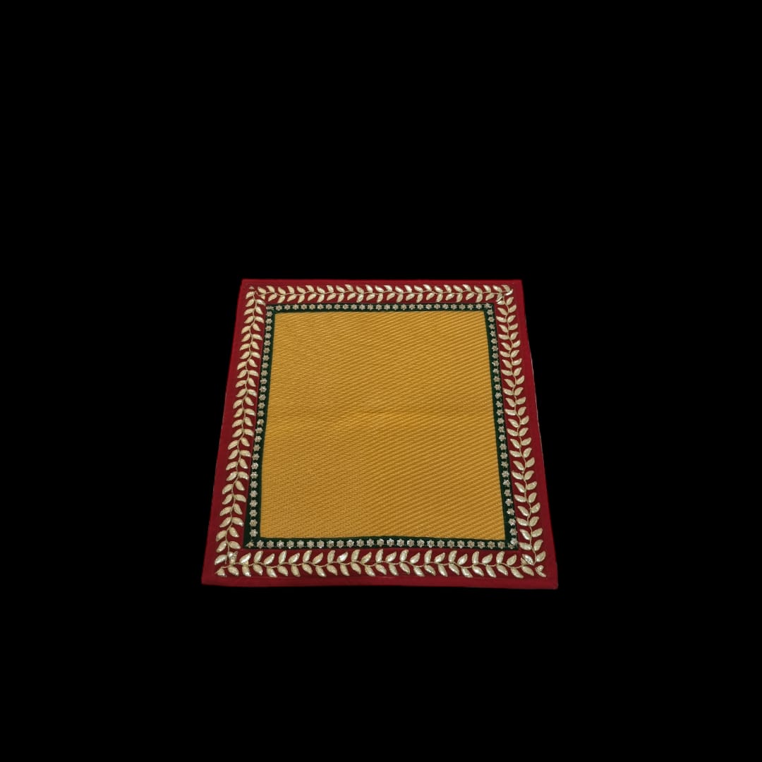 Yellow Nylon Handmade Chatai/Mat with Red, Green & Golden sequins work on the Trim/Lace 24x24 (in inch)