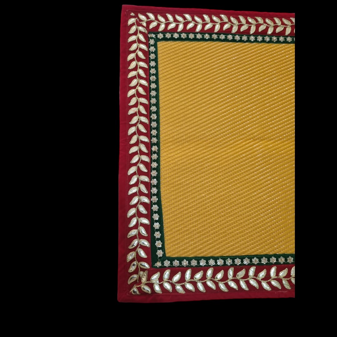 Yellow Nylon Handmade Chatai/Mat with Red, Green & Golden sequins work on the Trim/Lace 24x24 (in inch)