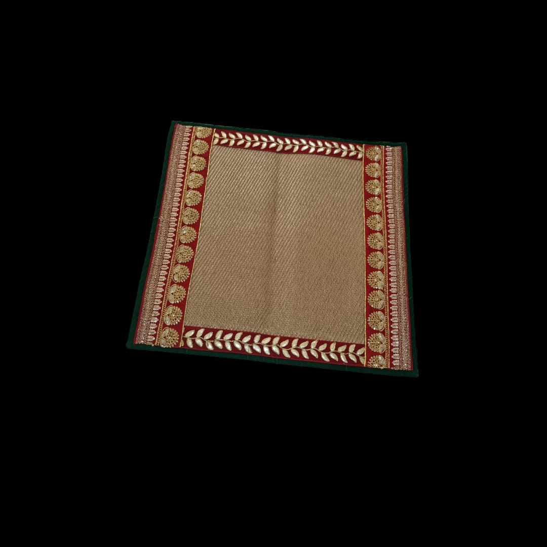 Golden Nylon Handmade Chatai/Mat with Green, Red & Golden sequins work on the Trim/Lace 24x24 (in inch)