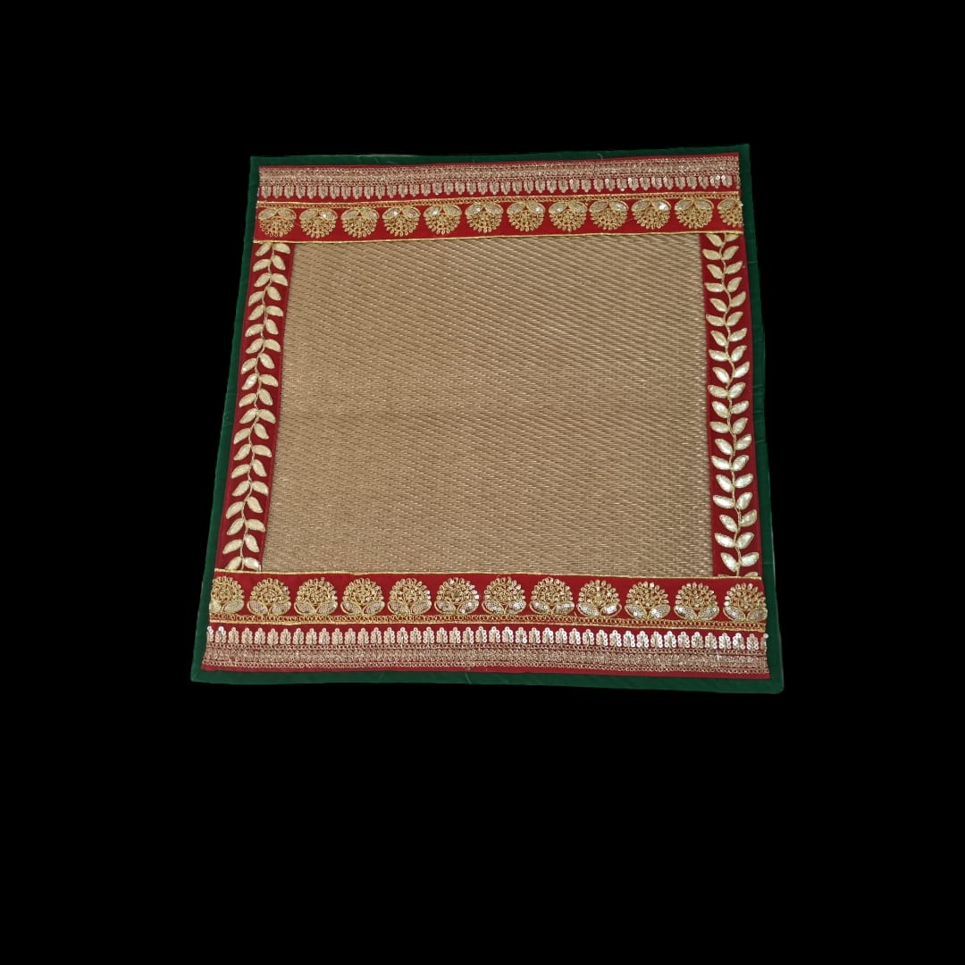 Golden Nylon Handmade Chatai/Mat with Green, Red & Golden sequins work on the Trim/Lace 24x24 (in inch)