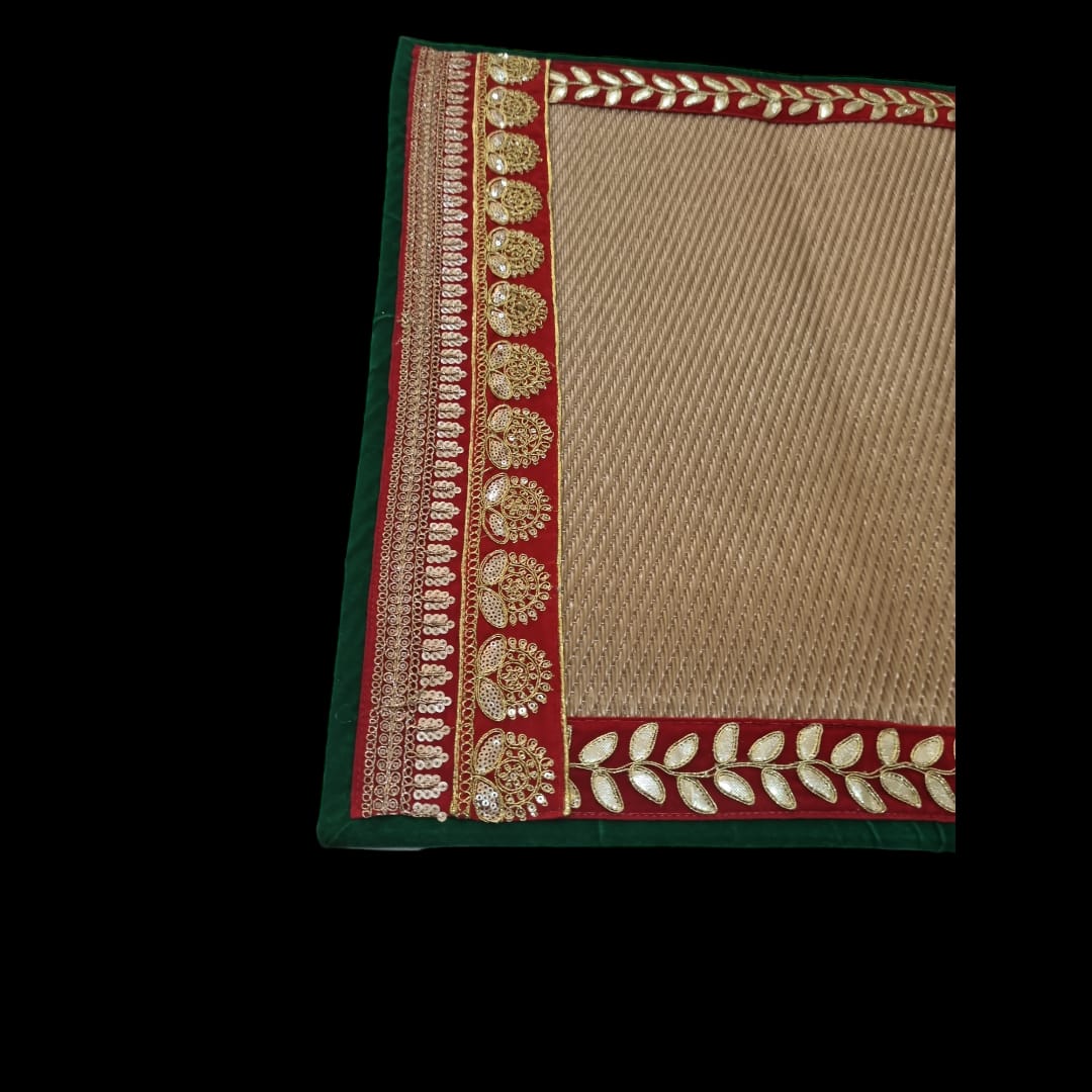 Golden Nylon Handmade Chatai/Mat with Green, Red & Golden sequins work on the Trim/Lace 24x24 (in inch)