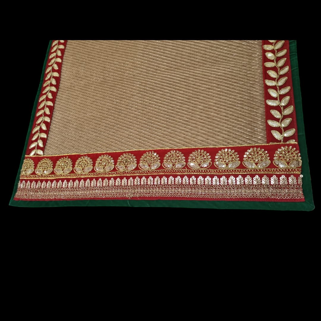 Golden Nylon Handmade Chatai/Mat with Green, Red & Golden sequins work on the Trim/Lace 24x24 (in inch)