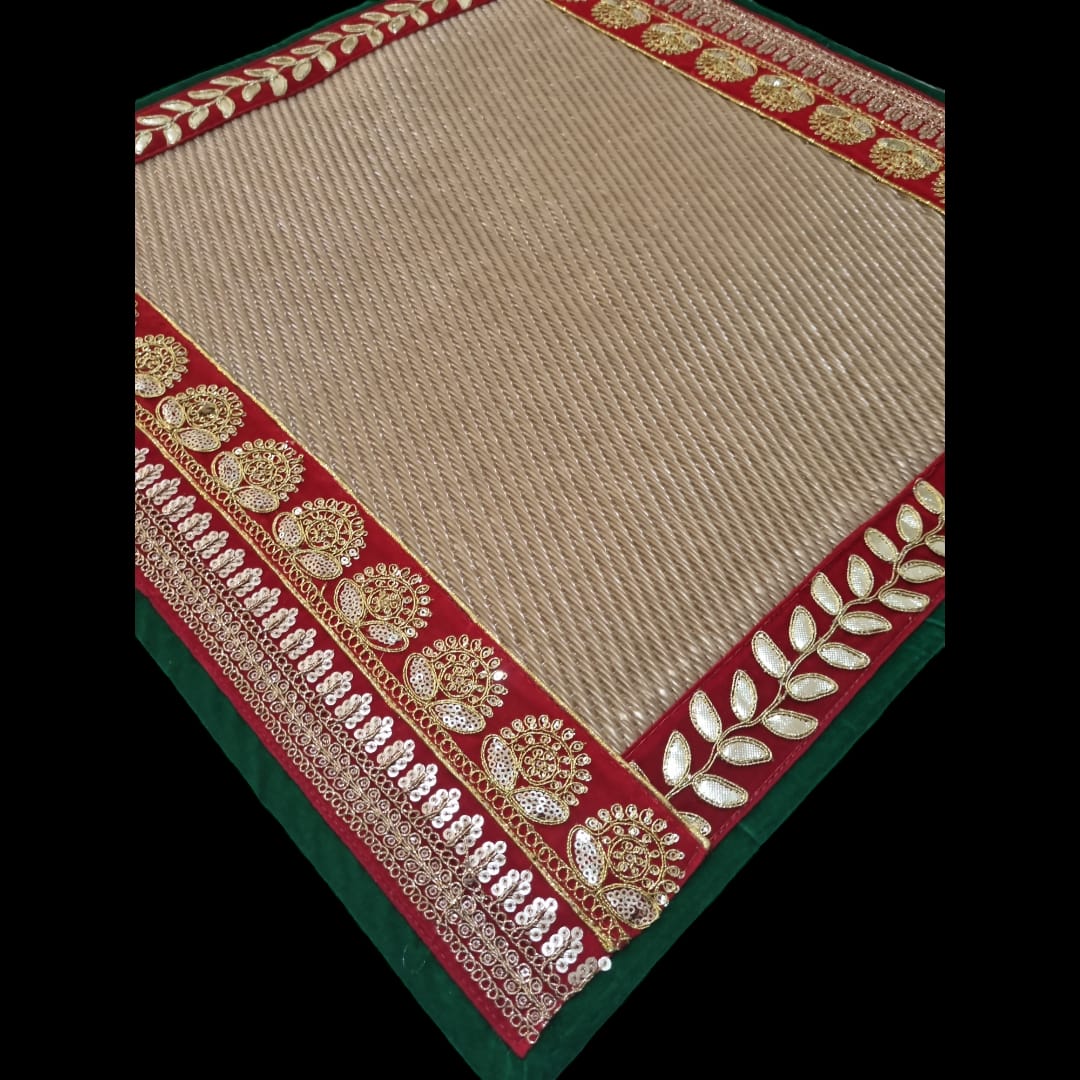 Golden Nylon Handmade Chatai/Mat with Green, Red & Golden sequins work on the Trim/Lace 24x24 (in inch)