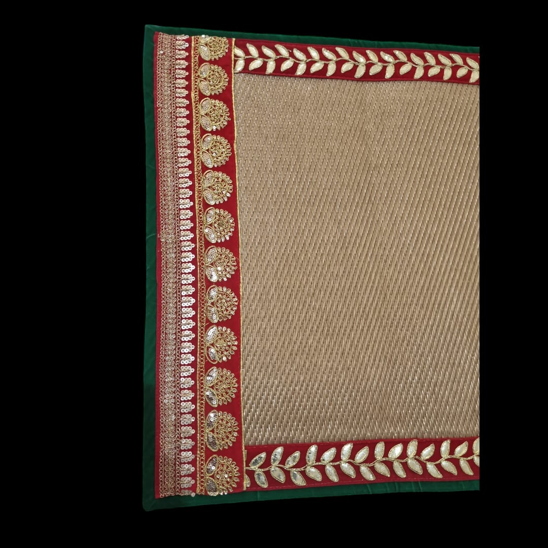 Golden Nylon Handmade Chatai/Mat with Green, Red & Golden sequins work on the Trim/Lace 24x24 (in inch)