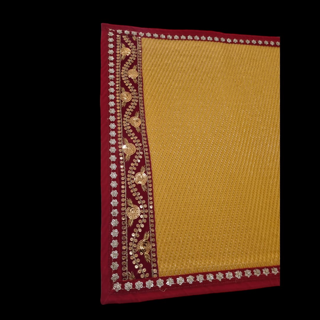 Yellow Nylon Handmade Chatai/Mat with Red & Golden sequins work on the Trim/Lace 24x24 (in inch)