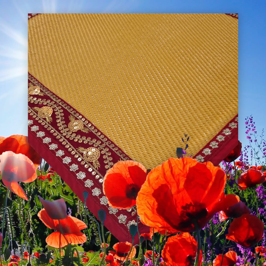 Yellow Nylon Handmade Chatai/Mat with Red & Golden sequins work on the Trim/Lace 24x24 (in inch)