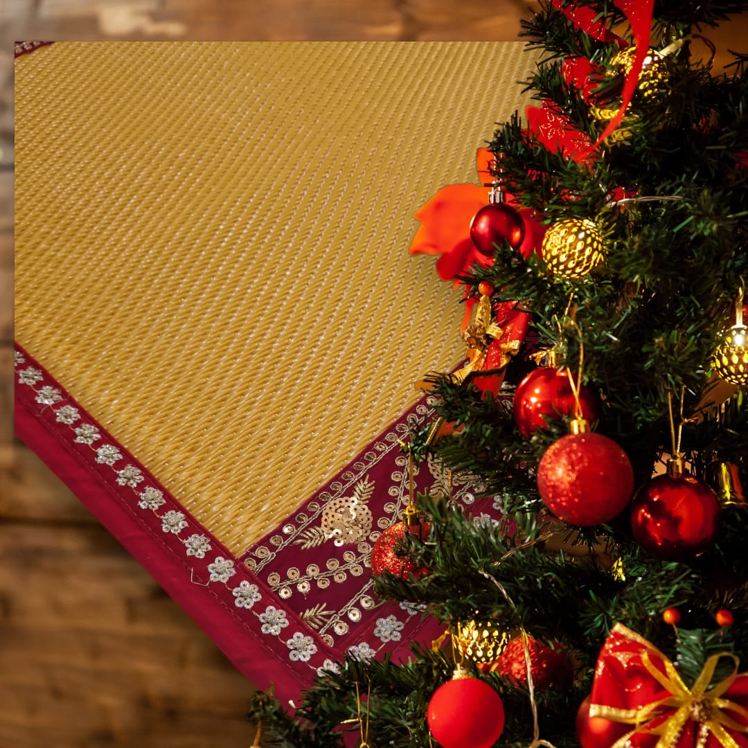 Yellow Nylon Handmade Chatai/Mat with Red & Golden sequins work on the Trim/Lace 24x24 (in inch)