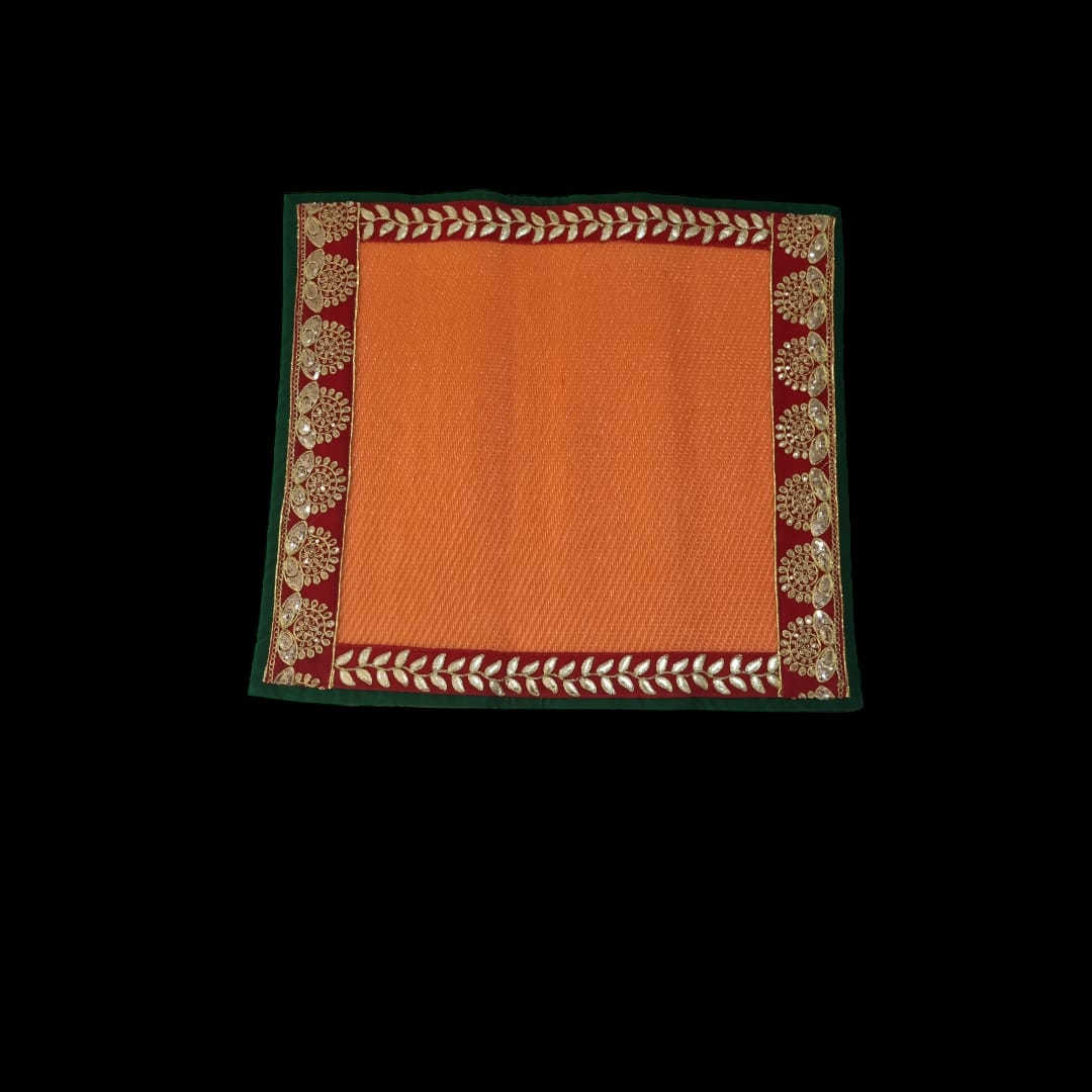 Orange Nylon Handmade Chatai/Mat with Green, Red & Golden sequins work on the Trim/Lace 24x24 (in inch)