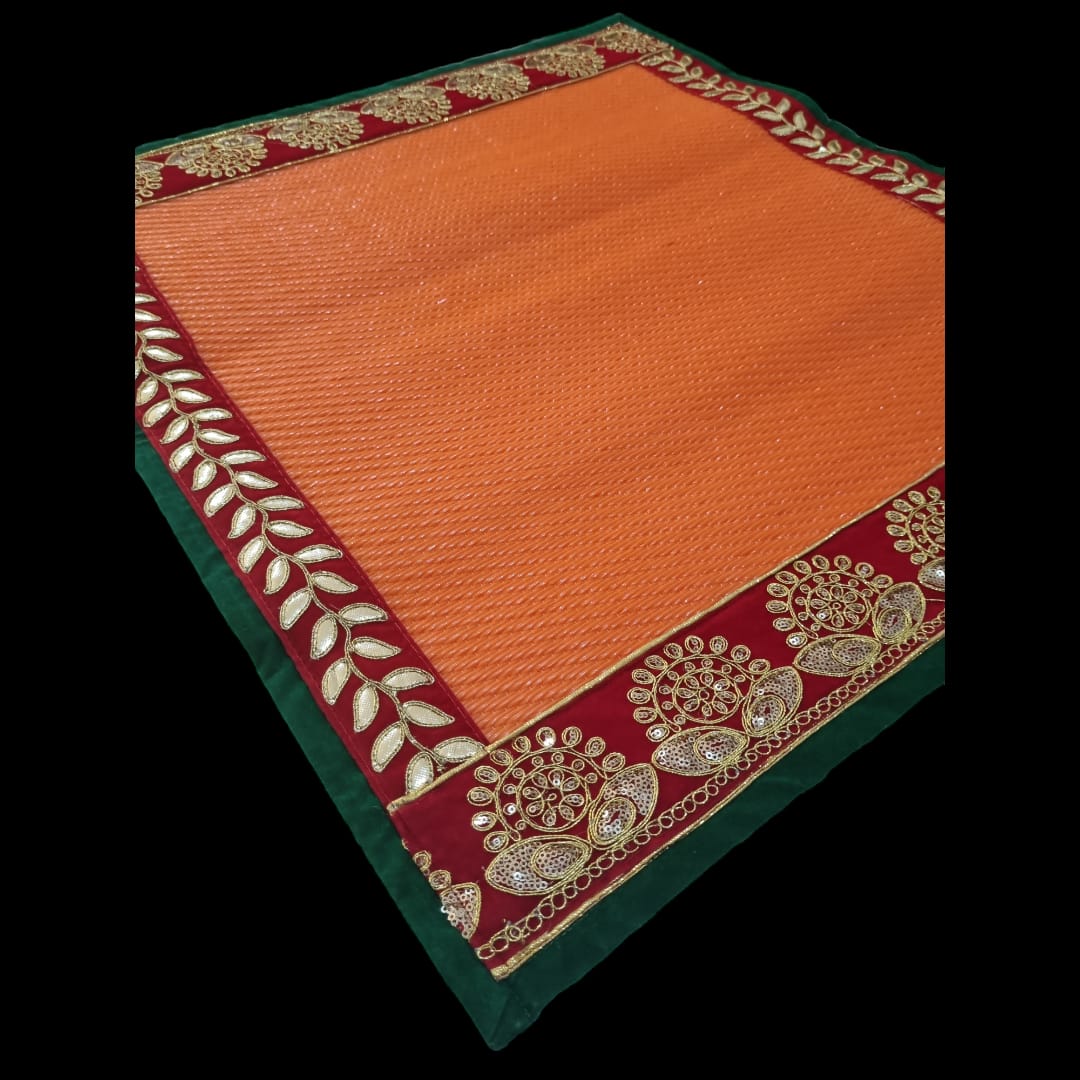 Orange Nylon Handmade Chatai/Mat with Green, Red & Golden sequins work on the Trim/Lace 24x24 (in inch)