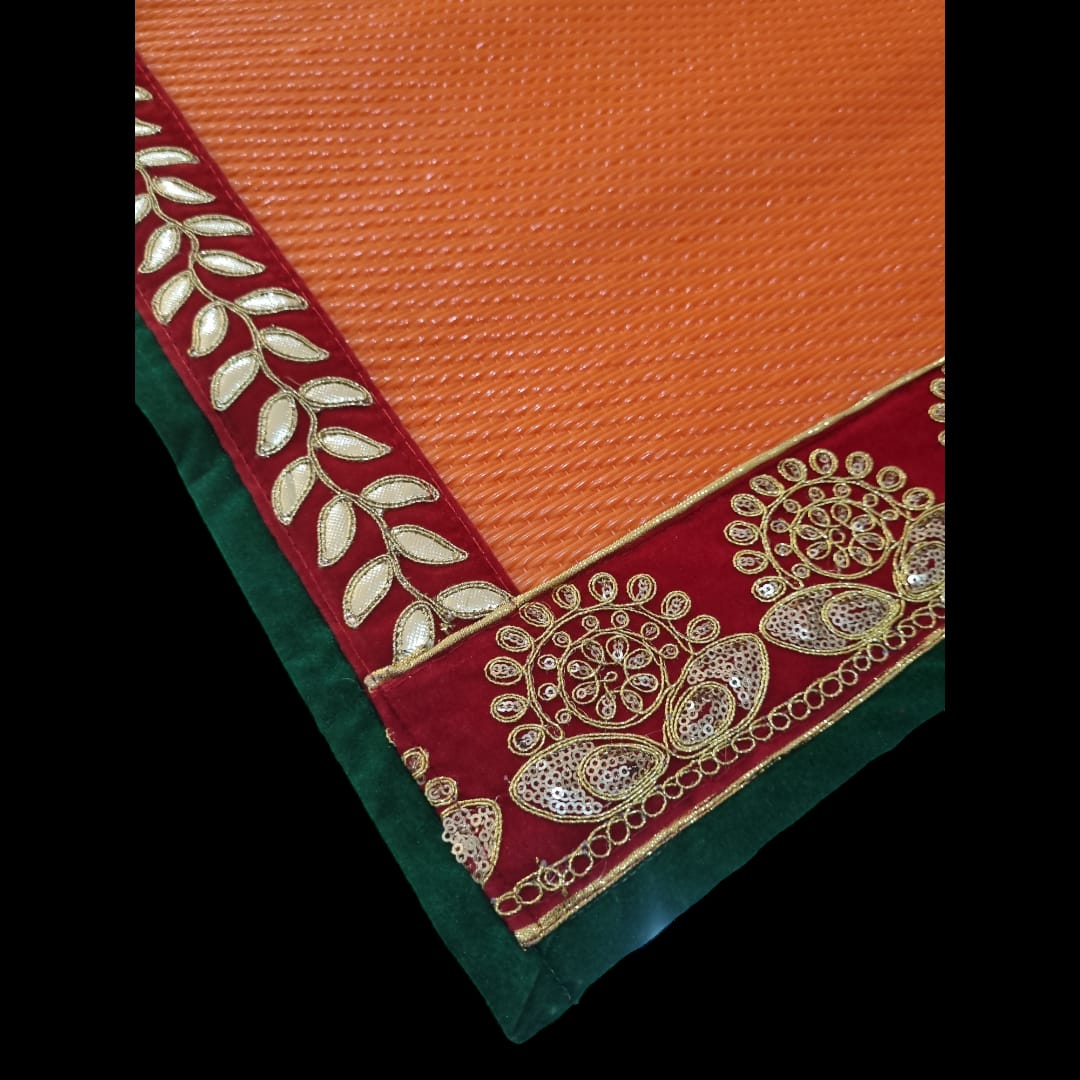 Orange Nylon Handmade Chatai/Mat with Green, Red & Golden sequins work on the Trim/Lace 24x24 (in inch)