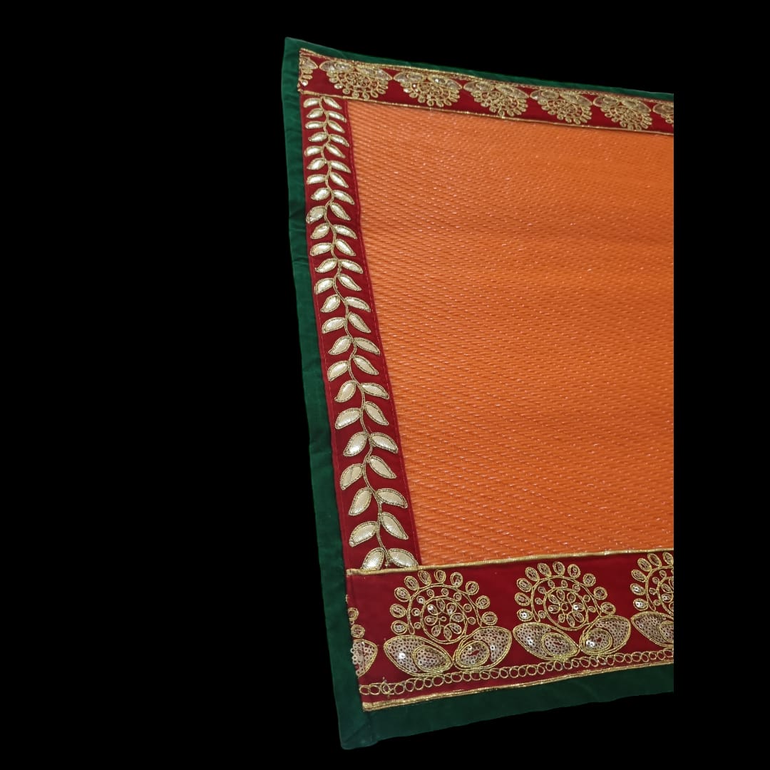 Orange Nylon Handmade Chatai/Mat with Green, Red & Golden sequins work on the Trim/Lace 24x24 (in inch)