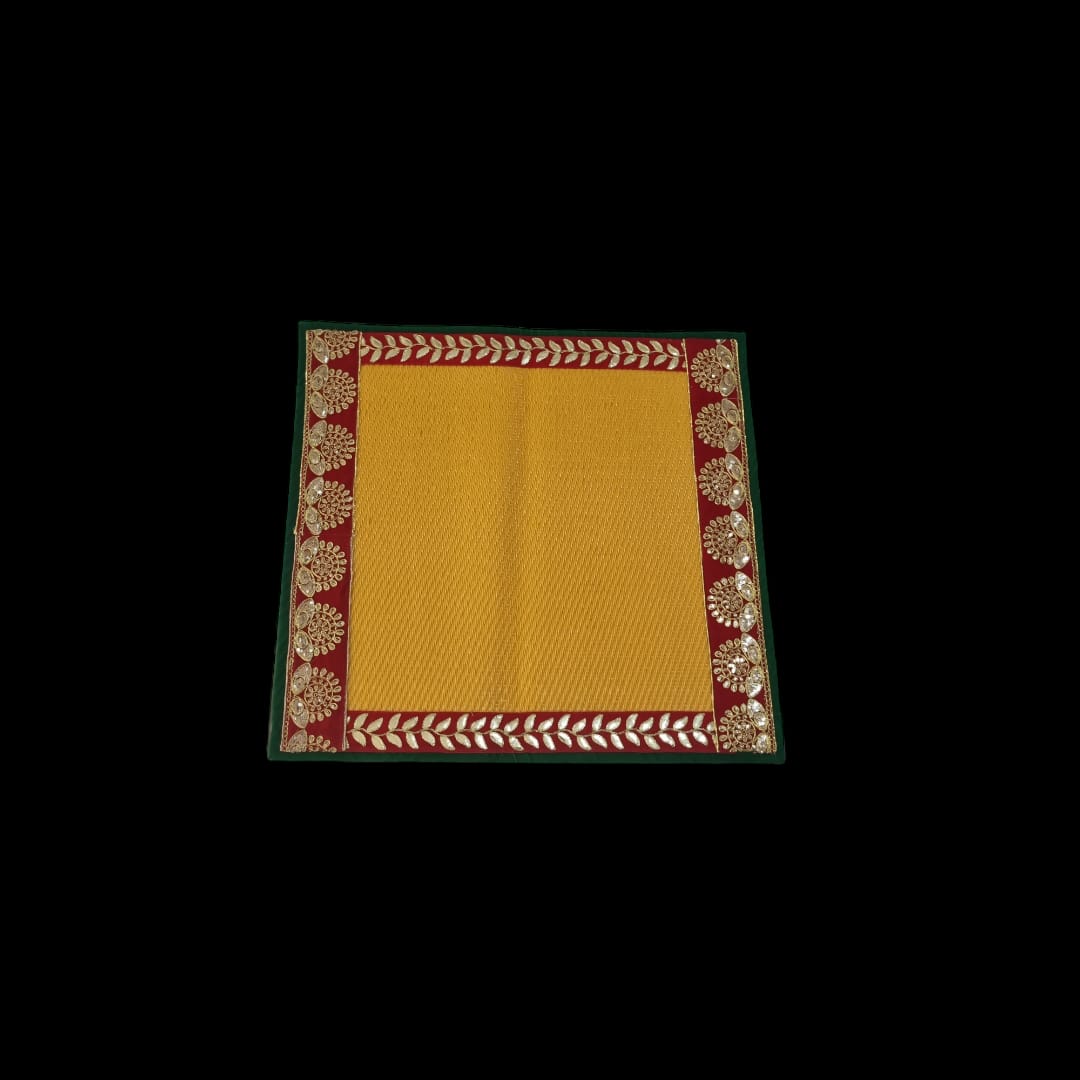 Yellow Nylon Handmade Chatai/Mat with Green, Red & Golden sequins work on the Trim/Lace 24x24 (in inch)