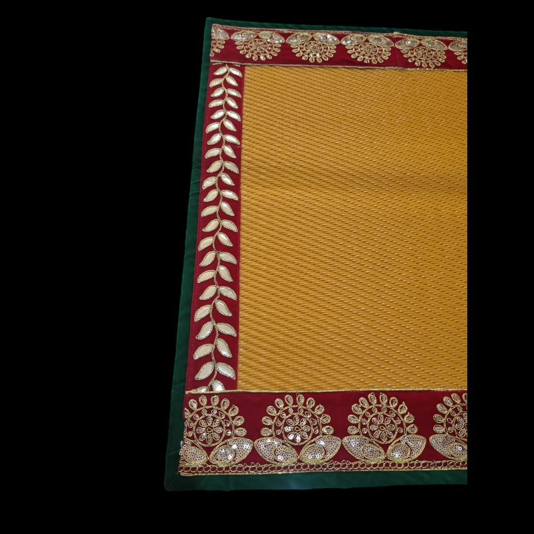 Yellow Nylon Handmade Chatai/Mat with Green, Red & Golden sequins work on the Trim/Lace 24x24 (in inch)