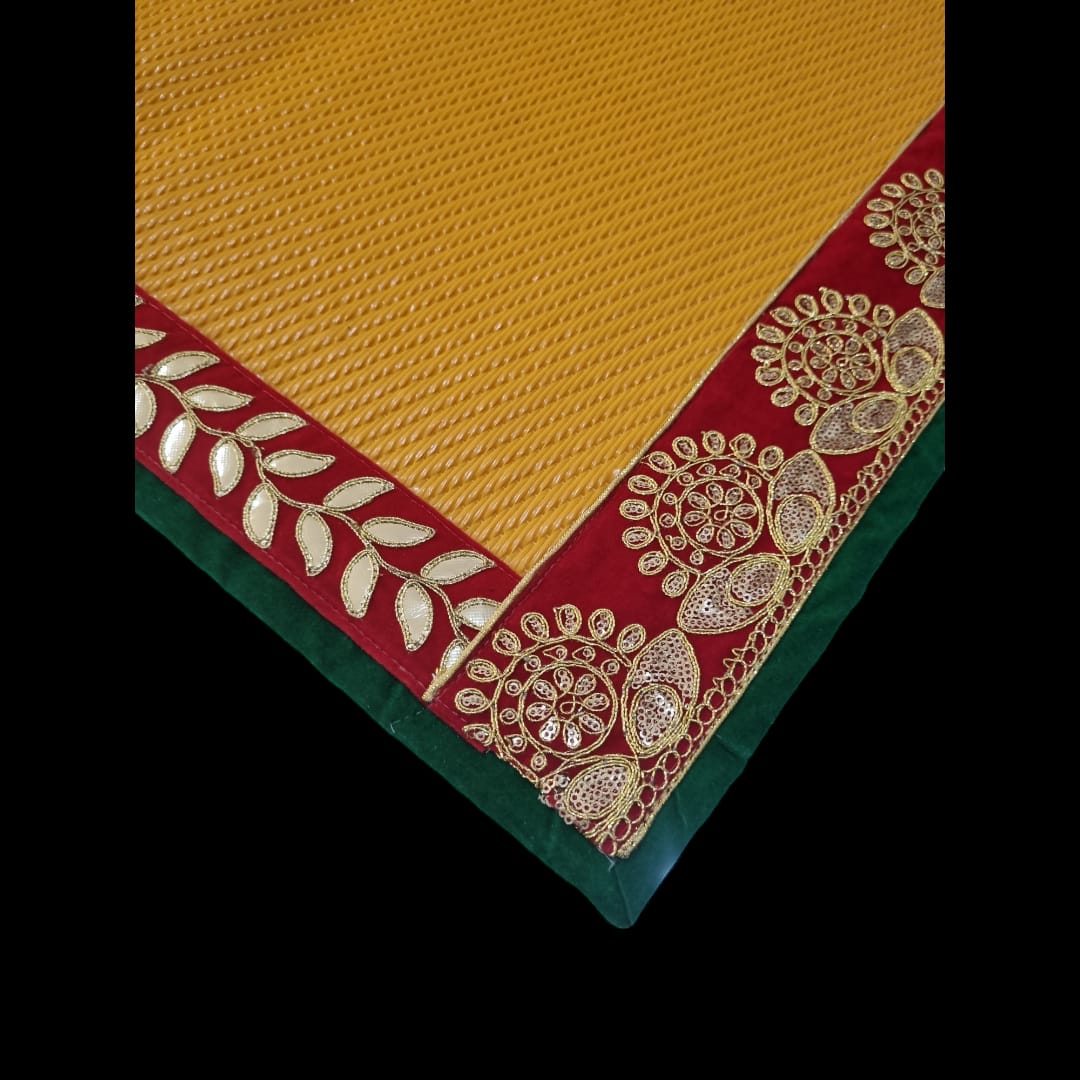 Yellow Nylon Handmade Chatai/Mat with Green, Red & Golden sequins work on the Trim/Lace 24x24 (in inch)