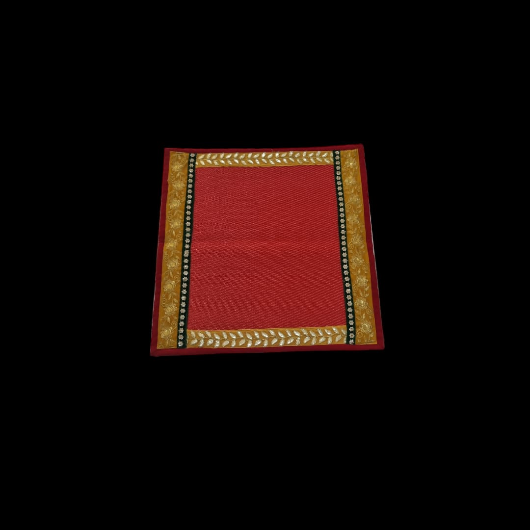 Red Nylon Handmade Chatai/Mat with Red,Yellow,Green & Golden sequins work on the Trim/Lace 24x24 (in inch)