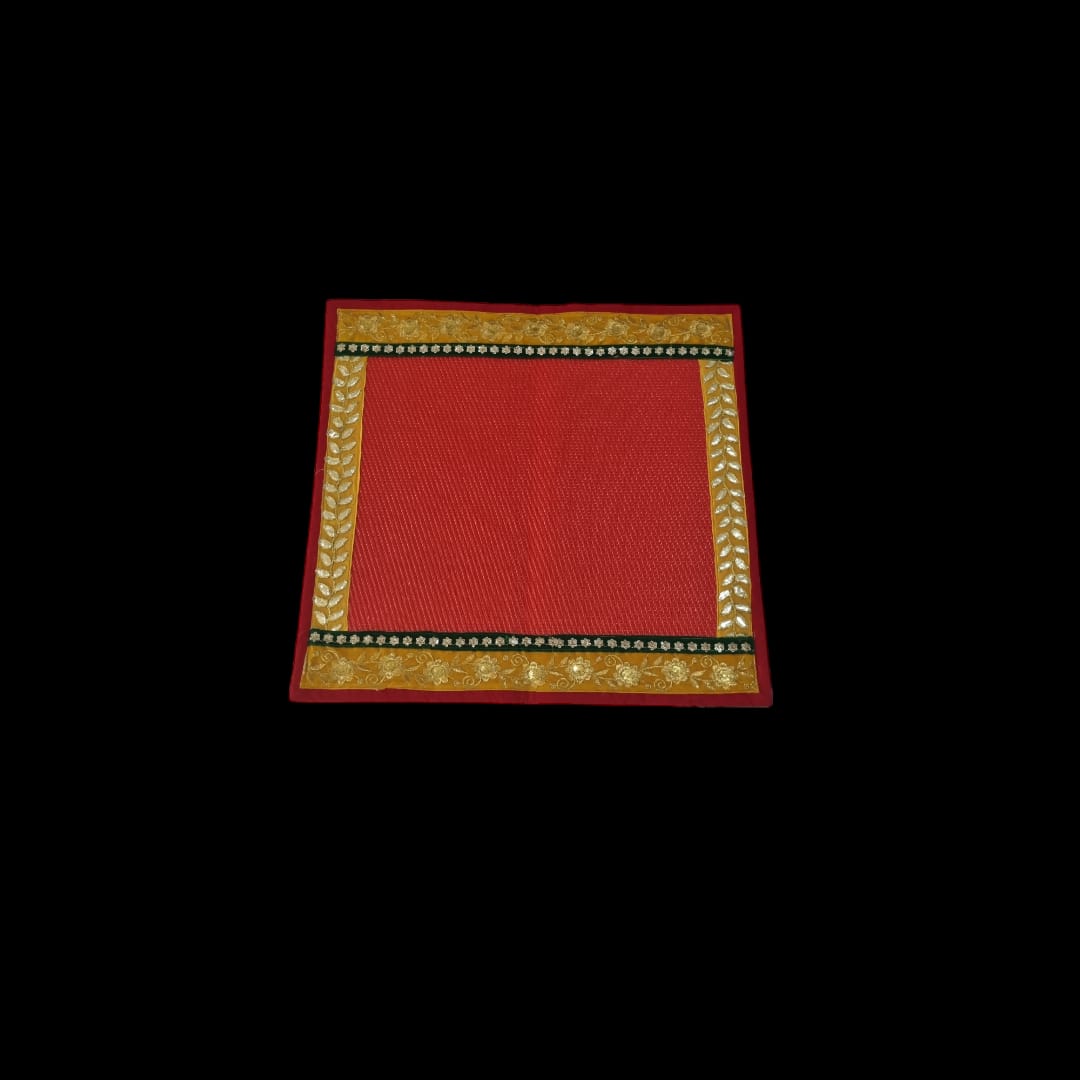 Red Nylon Handmade Chatai/Mat with Red,Yellow,Green & Golden sequins work on the Trim/Lace 24x24 (in inch)