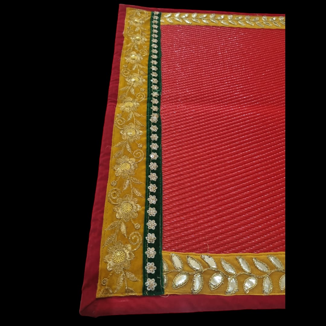 Red Nylon Handmade Chatai/Mat with Red,Yellow,Green & Golden sequins work on the Trim/Lace 24x24 (in inch)