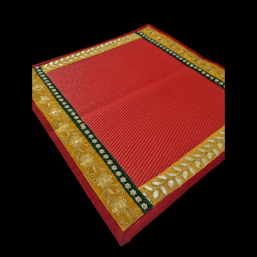 Red Nylon Handmade Chatai/Mat with Red,Yellow,Green & Golden sequins work on the Trim/Lace 24x24 (in inch)