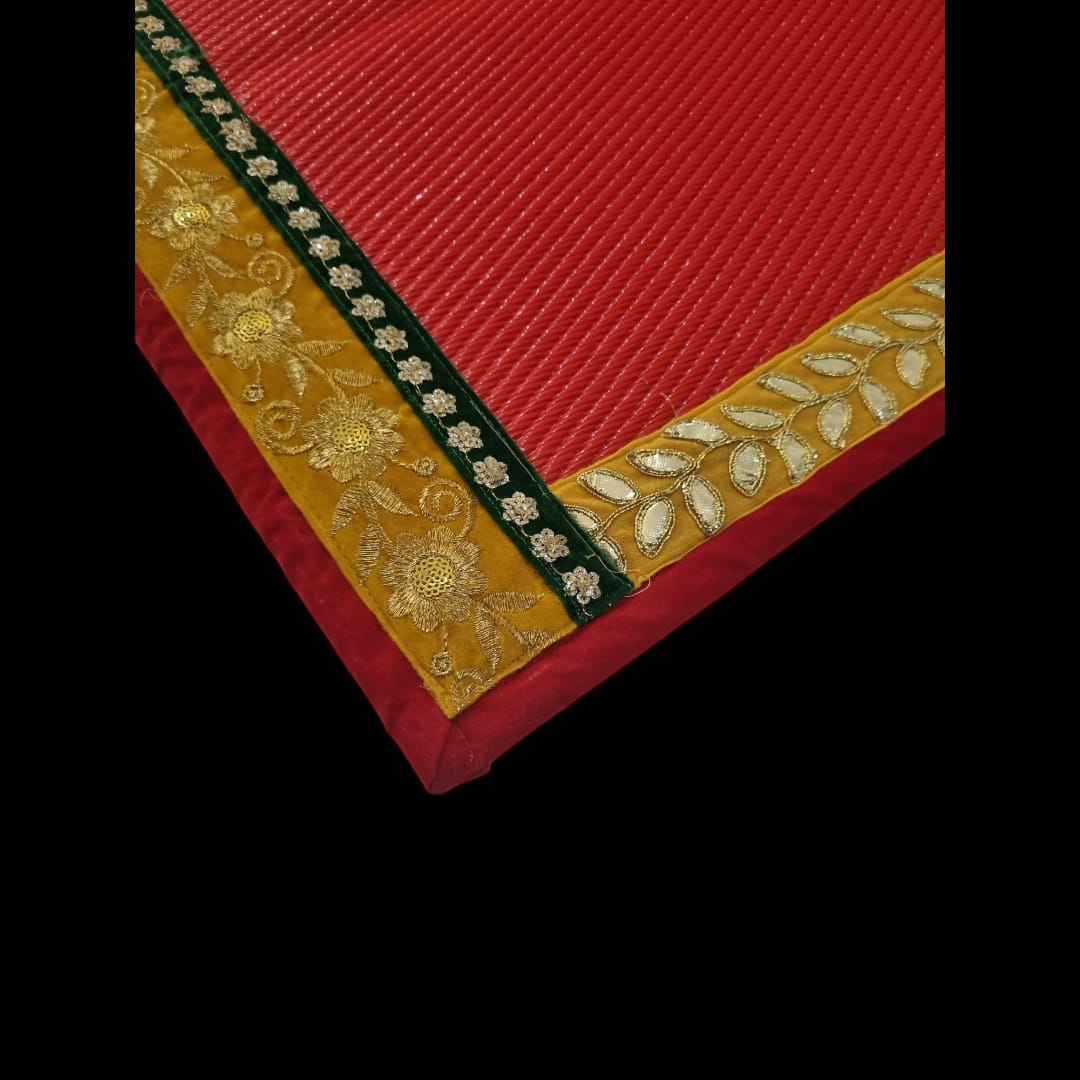 Red Nylon Handmade Chatai/Mat with Red,Yellow,Green & Golden sequins work on the Trim/Lace 24x24 (in inch)