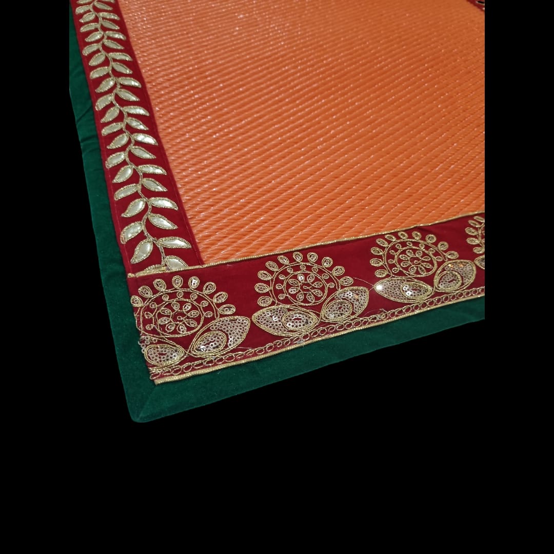 Orange Nylon Handmade Chatai/Mat with Green, Red & Golden sequins work on the Trim/Lace 48x24 (in inch)