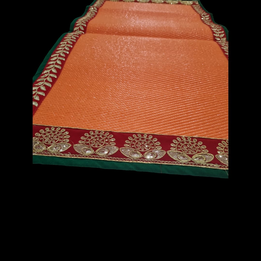 Orange Nylon Handmade Chatai/Mat with Green, Red & Golden sequins work on the Trim/Lace 48x24 (in inch)