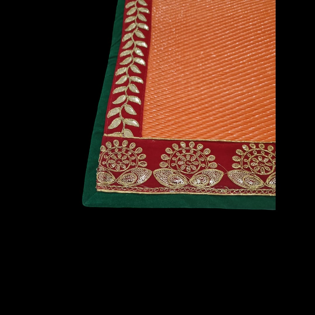 Orange Nylon Handmade Chatai/Mat with Green, Red & Golden sequins work on the Trim/Lace 48x24 (in inch)