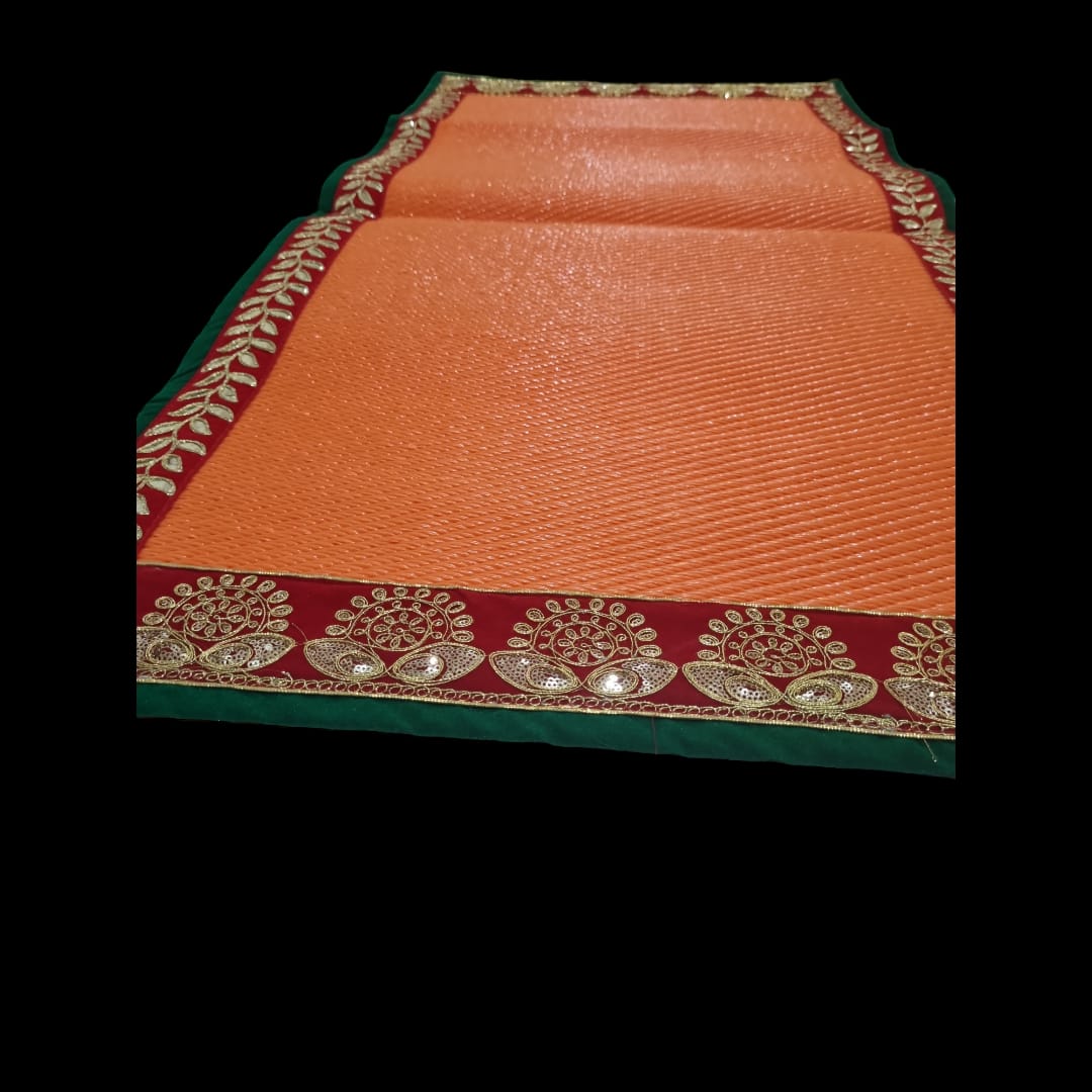 Orange Nylon Handmade Chatai/Mat with Green, Red & Golden sequins work on the Trim/Lace 48x24 (in inch)