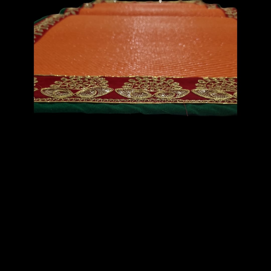 Orange Nylon Handmade Chatai/Mat with Green, Red & Golden sequins work on the Trim/Lace 48x24 (in inch)