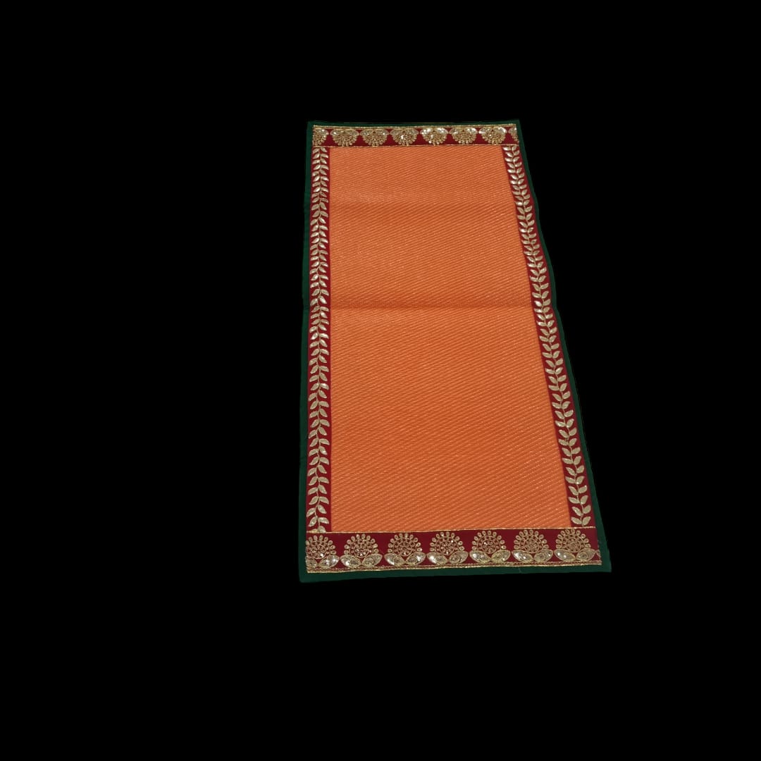 Orange Nylon Handmade Chatai/Mat with Green, Red & Golden sequins work on the Trim/Lace 48x24 (in inch)