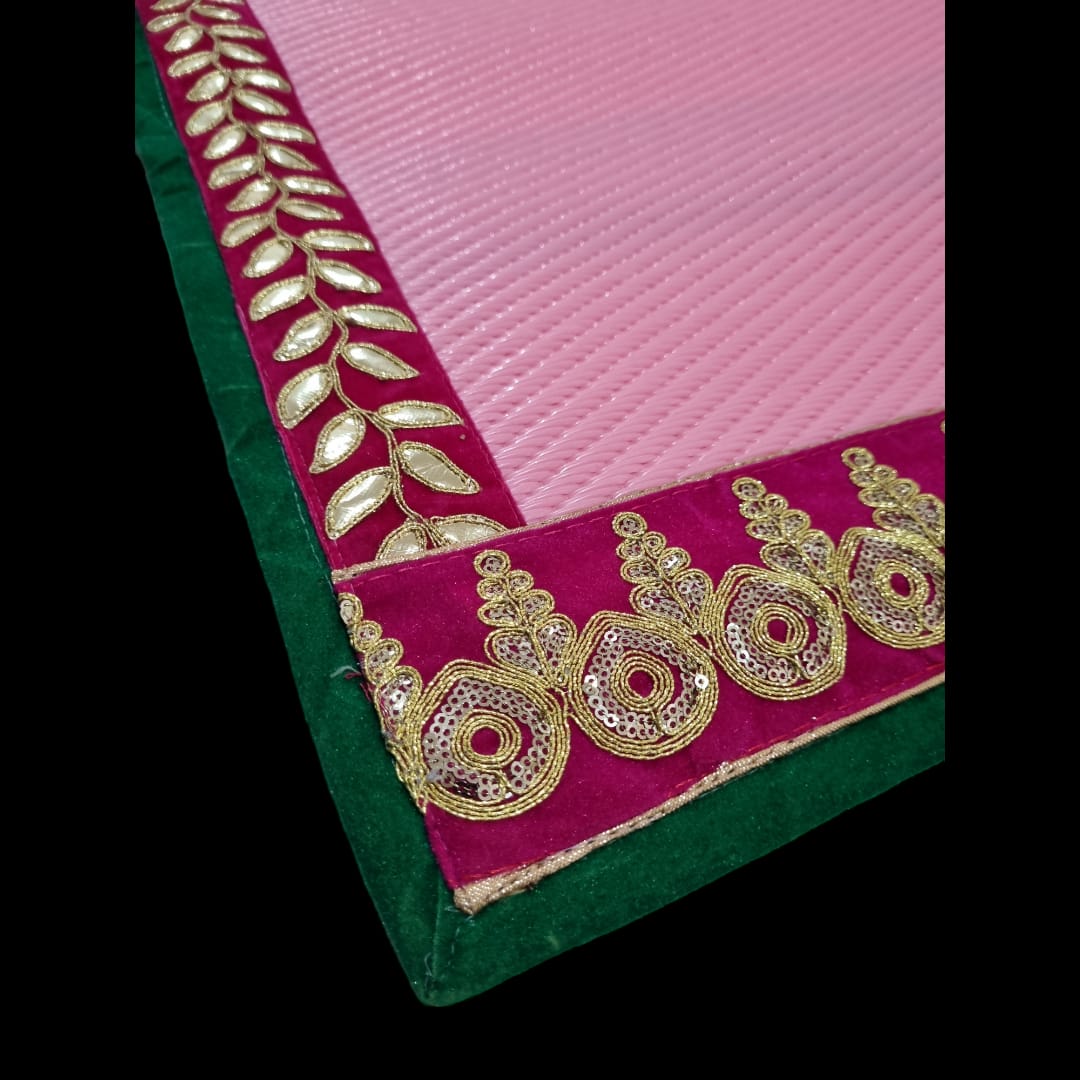 Pink Nylon Handmade Chatai/Mat with Green, Pink & Golden sequins work on the Trim/Lace 48x24 (in inch)