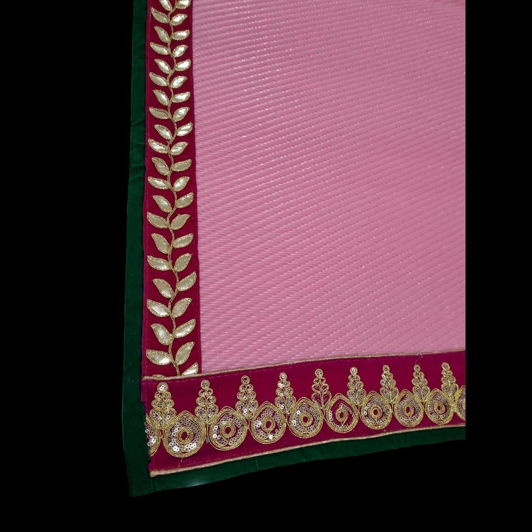 Pink Nylon Handmade Chatai/Mat with Green, Pink & Golden sequins work on the Trim/Lace 48x24 (in inch)