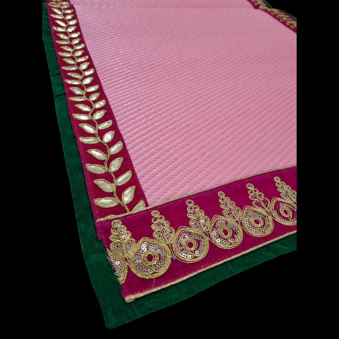 Pink Nylon Handmade Chatai/Mat with Green, Pink & Golden sequins work on the Trim/Lace 48x24 (in inch)