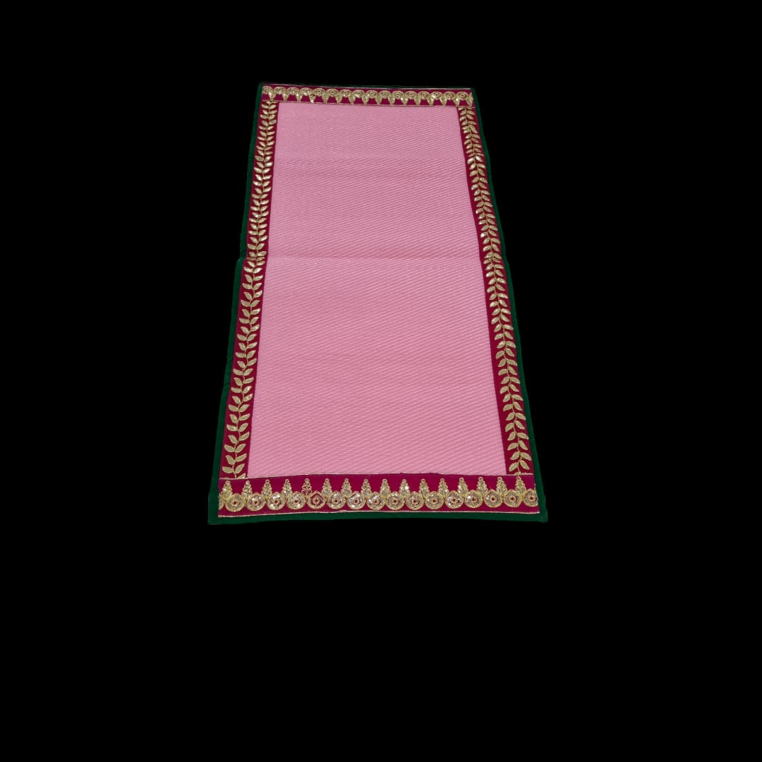 Pink Nylon Handmade Chatai/Mat with Green, Pink & Golden sequins work on the Trim/Lace 48x24 (in inch)