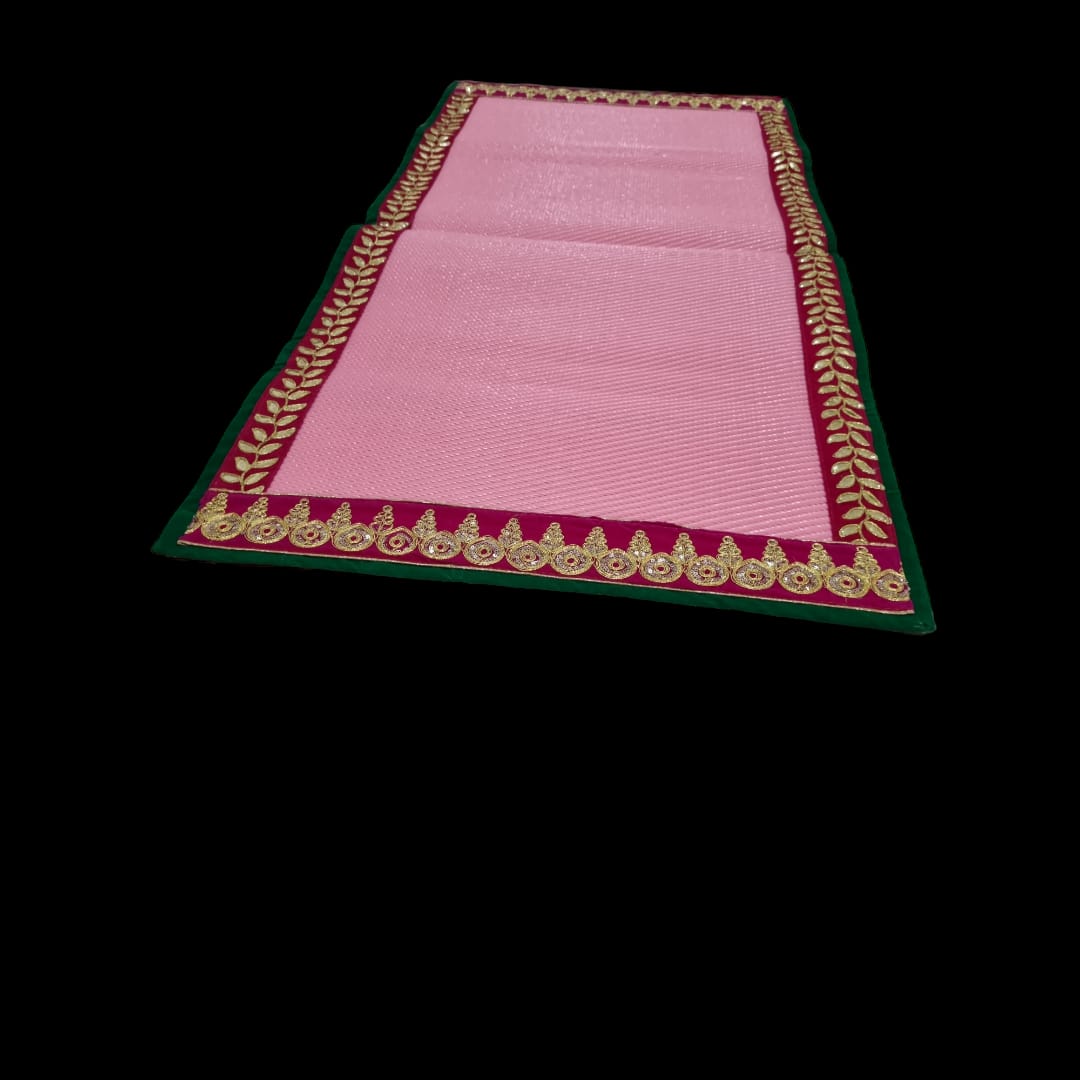 Pink Nylon Handmade Chatai/Mat with Green, Pink & Golden sequins work on the Trim/Lace 48x24 (in inch)