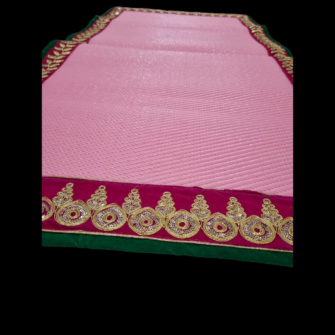 Pink Nylon Handmade Chatai/Mat with Green, Pink & Golden sequins work on the Trim/Lace 48x24 (in inch)