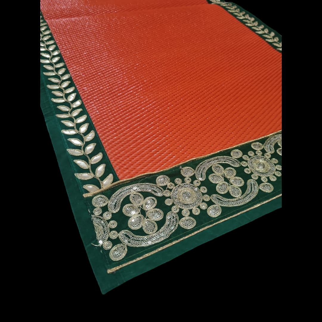 Orange Nylon Handmade Chatai/Mat with Green & Golden sequins work on the Trim/Lace 48x24 (in inch)