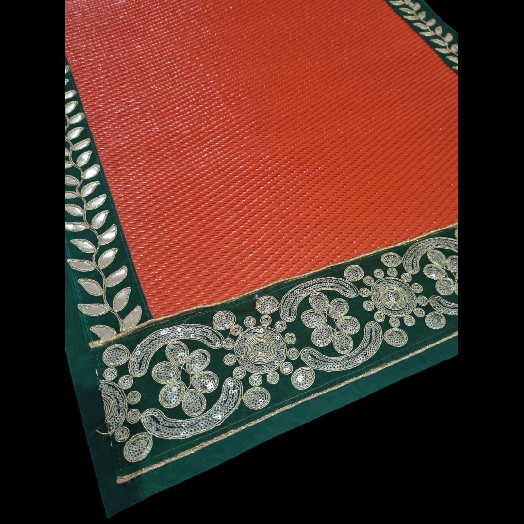 Orange Nylon Handmade Chatai/Mat with Green & Golden sequins work on the Trim/Lace 48x24 (in inch)