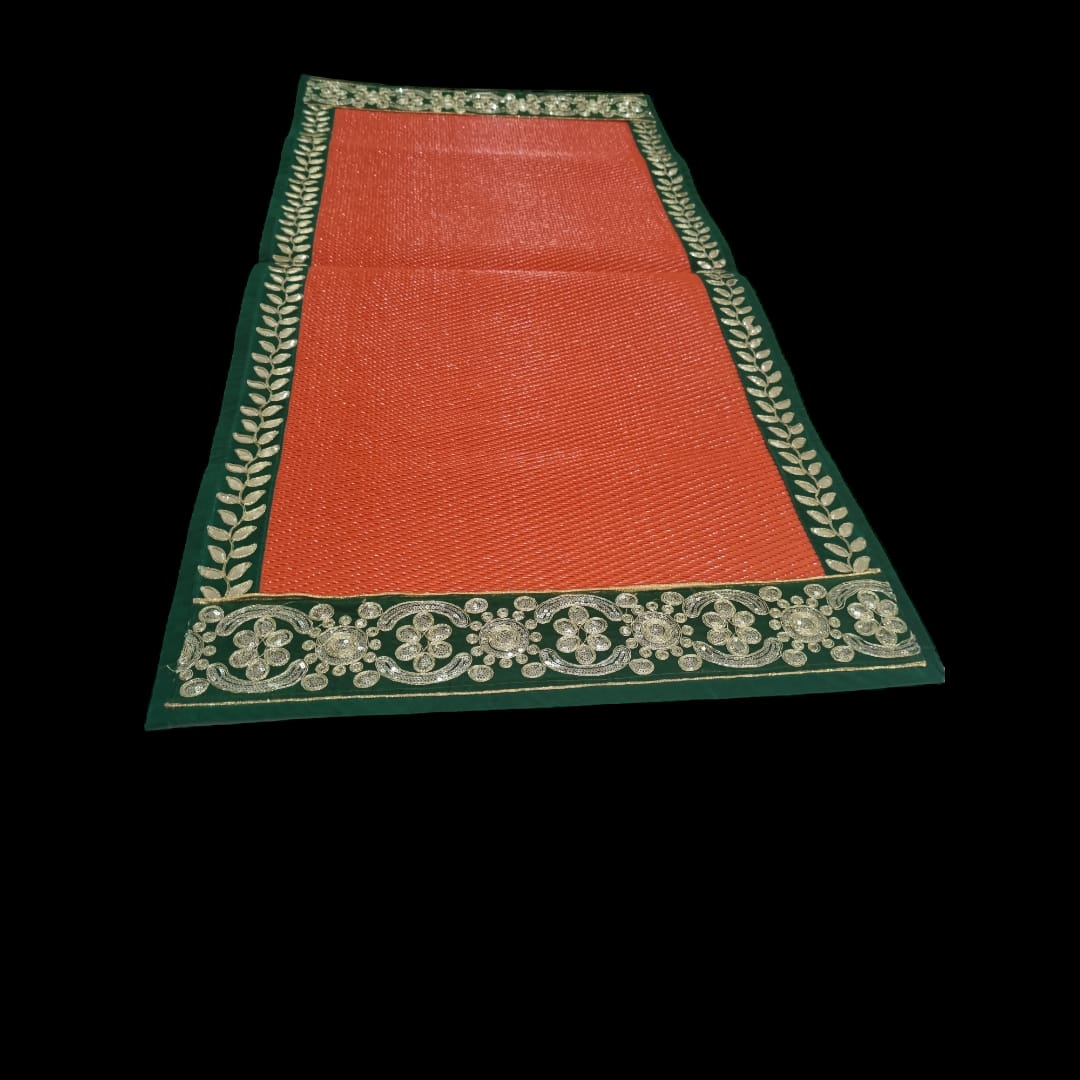 Orange Nylon Handmade Chatai/Mat with Green & Golden sequins work on the Trim/Lace 48x24 (in inch)