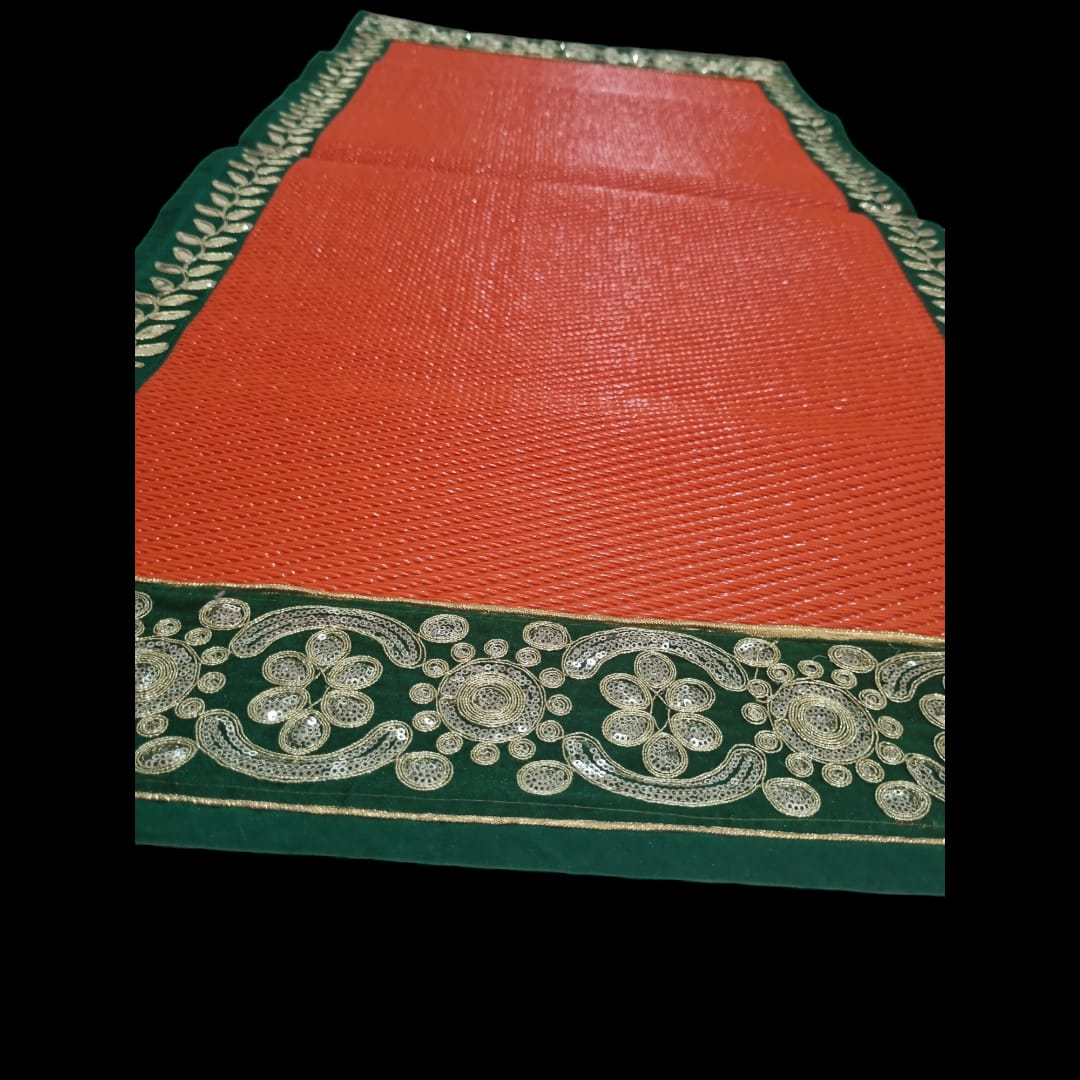 Orange Nylon Handmade Chatai/Mat with Green & Golden sequins work on the Trim/Lace 48x24 (in inch)