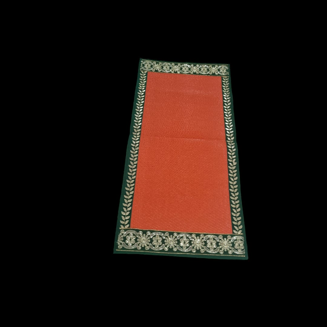 Orange Nylon Handmade Chatai/Mat with Green & Golden sequins work on the Trim/Lace 48x24 (in inch)