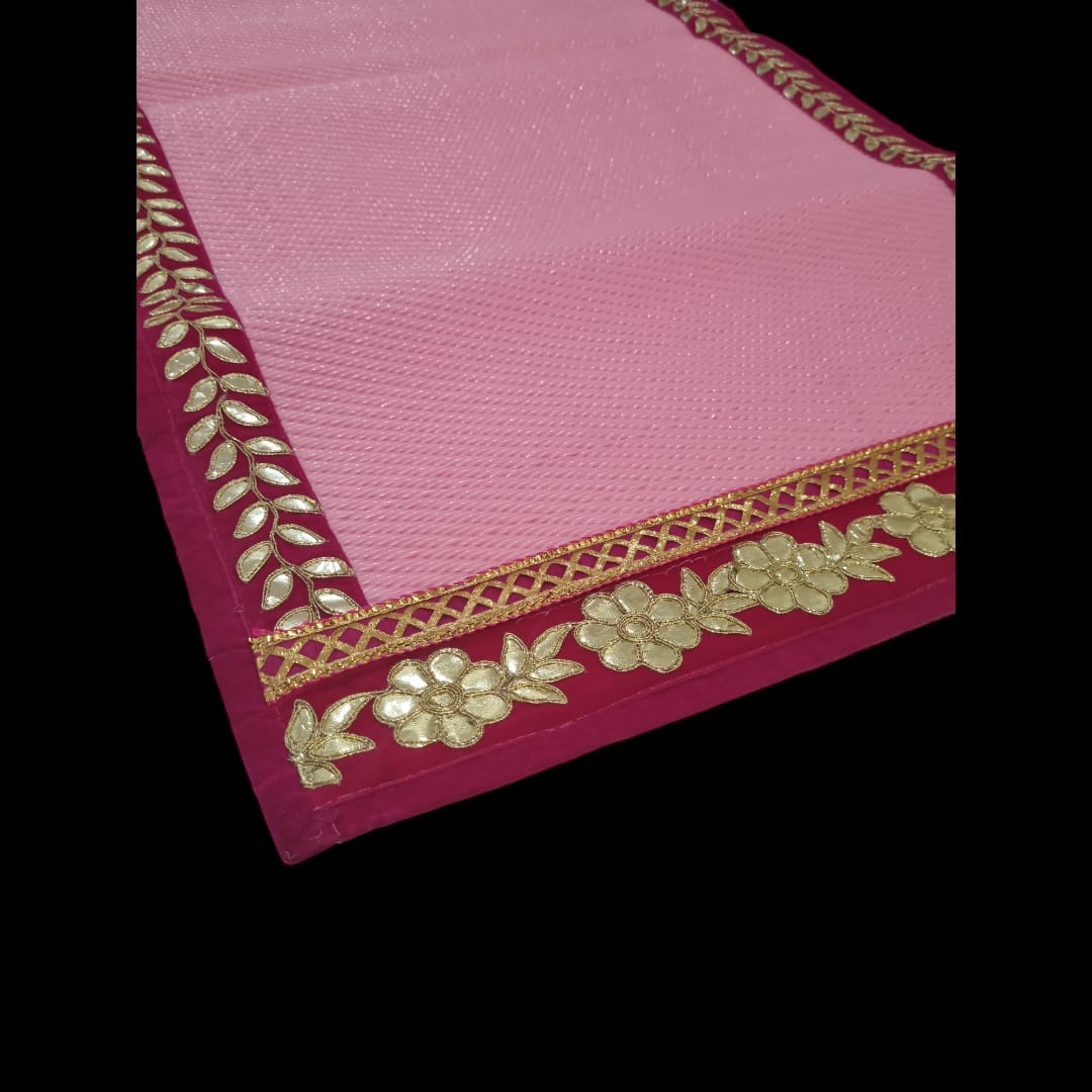 Pink Nylon Handmade Chatai/Mat with Pink & Golden sequins work on the Trim/Lace 48x24 (in inch)