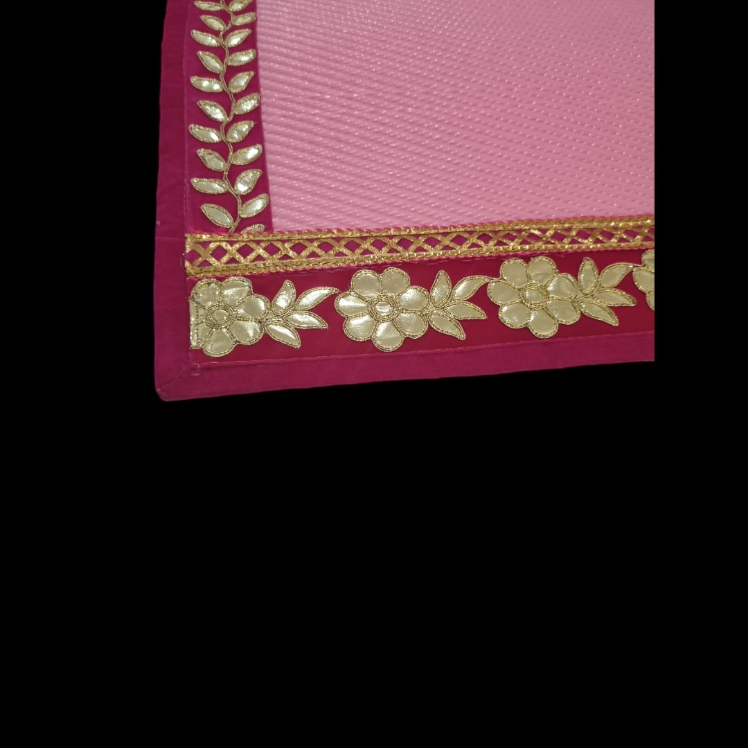 Pink Nylon Handmade Chatai/Mat with Pink & Golden sequins work on the Trim/Lace 48x24 (in inch)