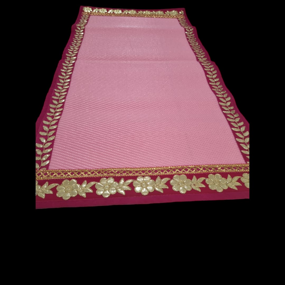 Pink Nylon Handmade Chatai/Mat with Pink & Golden sequins work on the Trim/Lace 48x24 (in inch)