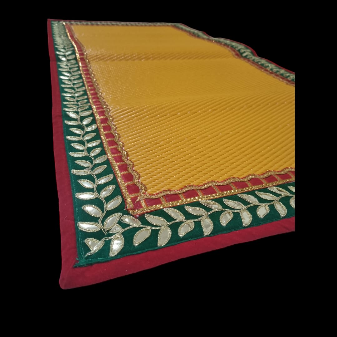 Light Orange Nylon Handmade Chatai/Mat with Red, Green & Golden sequins work on the Trim/Lace 48x24 (in inch)