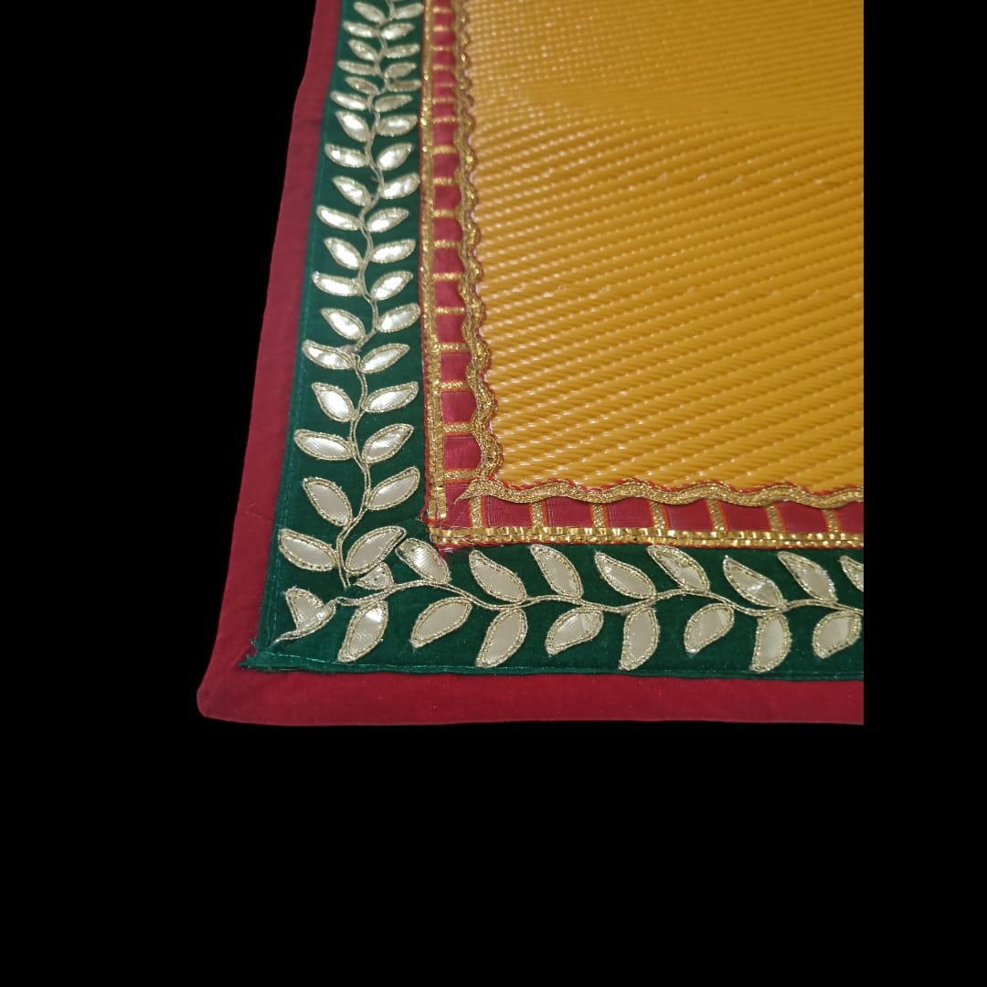 Light Orange Nylon Handmade Chatai/Mat with Red, Green & Golden sequins work on the Trim/Lace 48x24 (in inch)