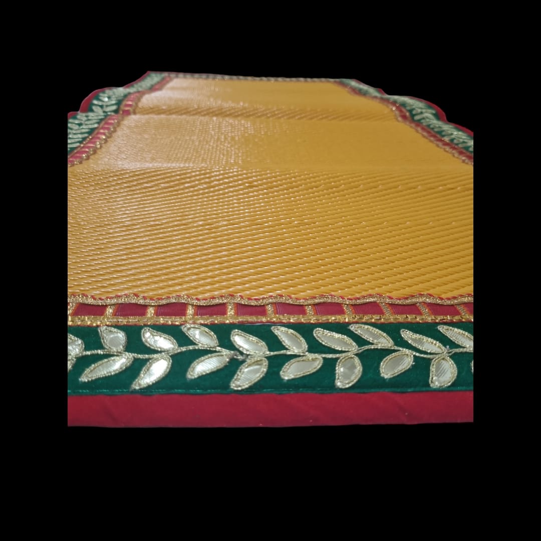 Light Orange Nylon Handmade Chatai/Mat with Red, Green & Golden sequins work on the Trim/Lace 48x24 (in inch)