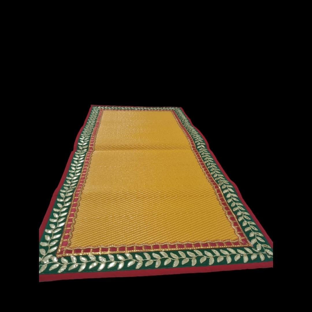 Light Orange Nylon Handmade Chatai/Mat with Red, Green & Golden sequins work on the Trim/Lace 48x24 (in inch)